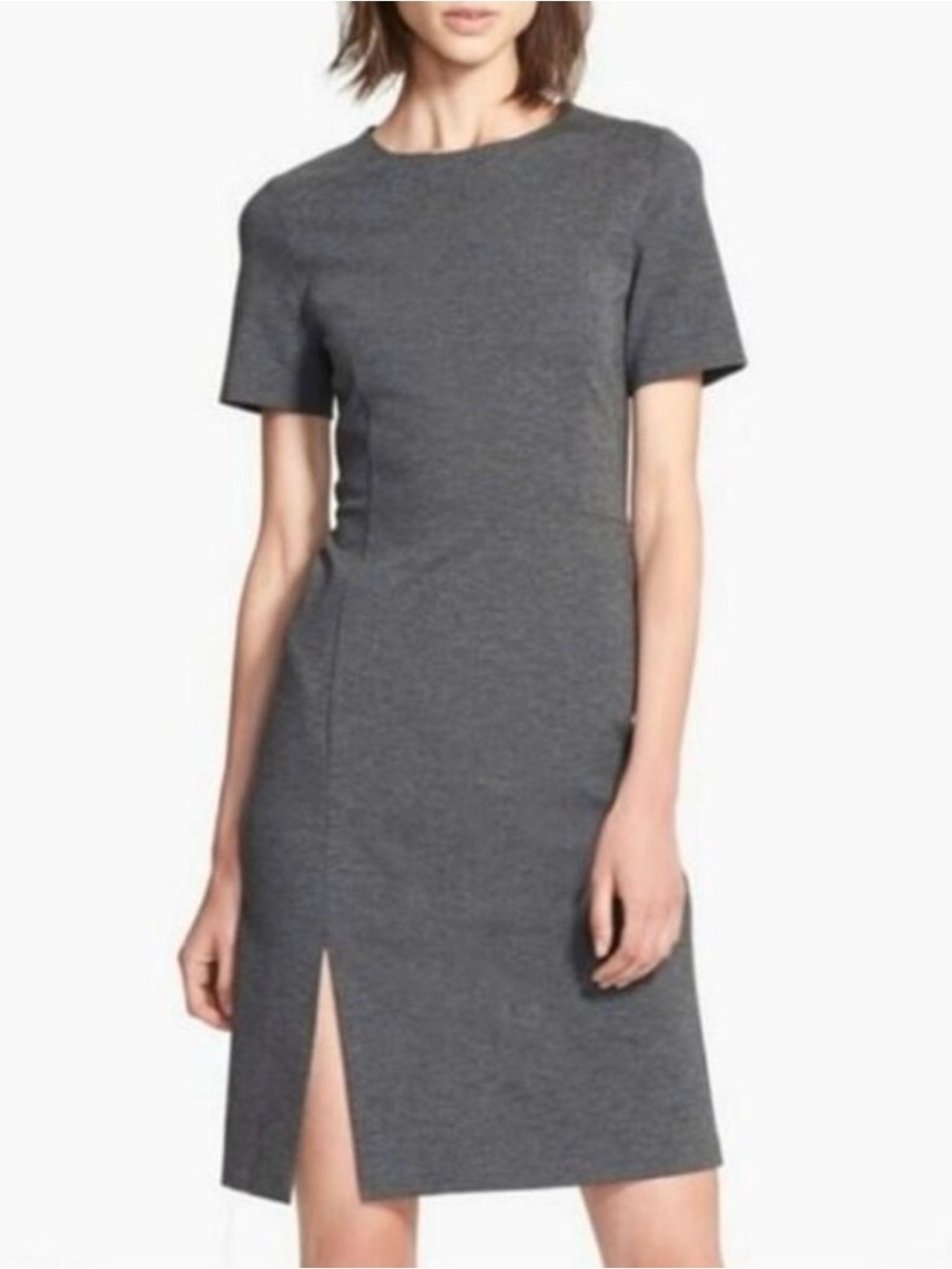 Theory Winstine Refiner Classic Short-Sleeve Gray Sheath Dress with Front Slit